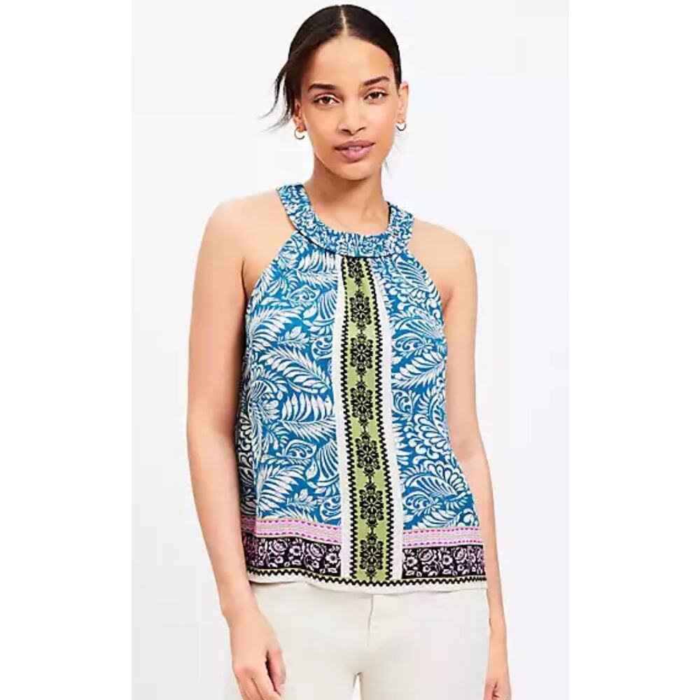 Loft Women's Palm Smocked Halter Top Floral Tropical Colorful Design Size M